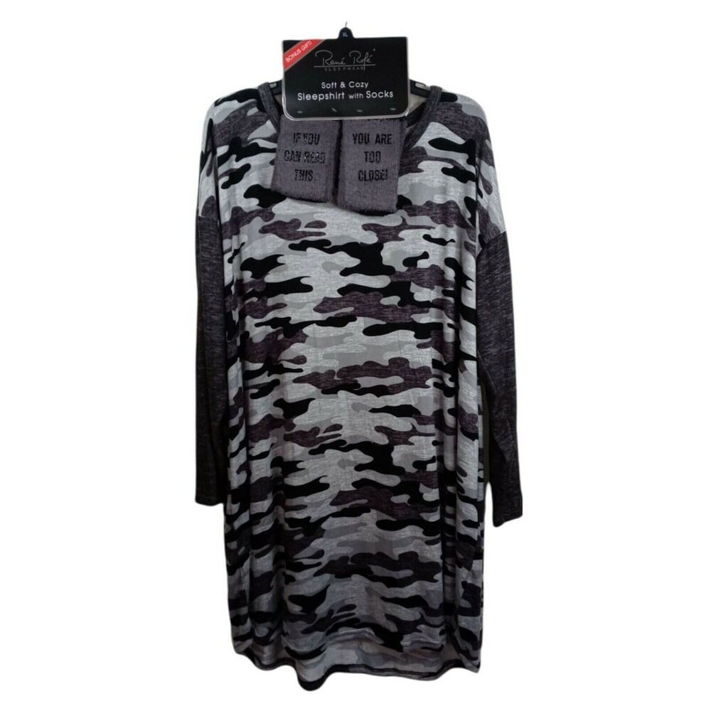 Rene Rofe Black & Gray Camo Sleepshirt W Slipper Socks XL